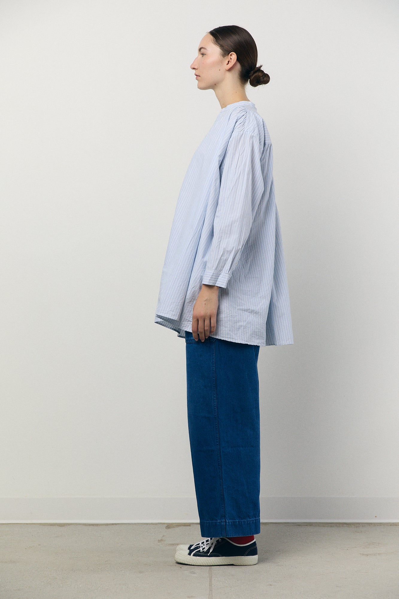 Pullover Shirt in Sax and Green Stripe