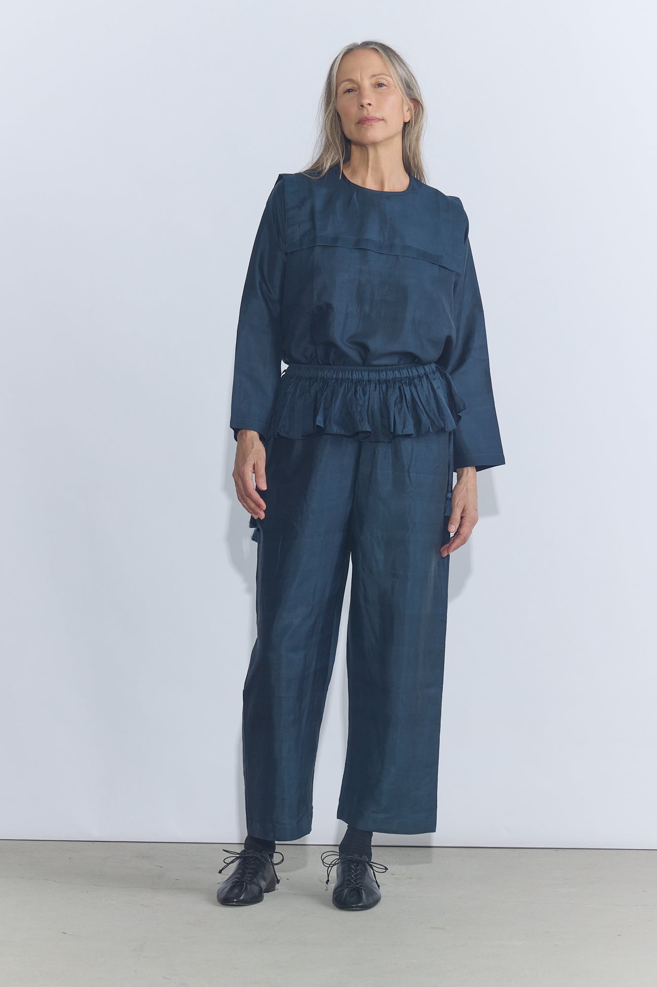 Back Button Sailor Blouse - Charcoal