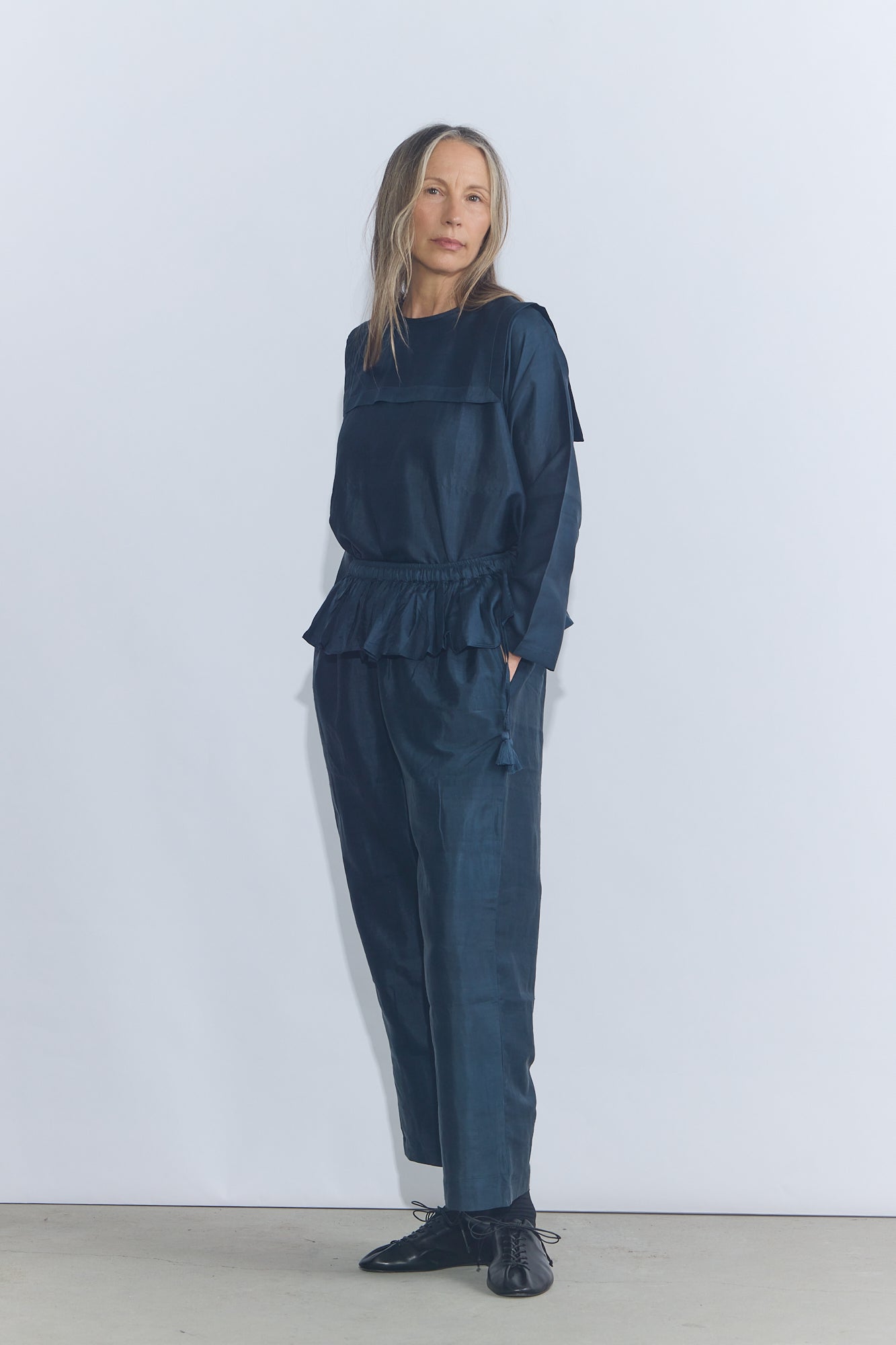 Back Button Sailor Blouse - Charcoal