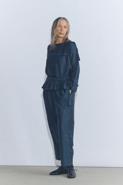 Back Button Sailor Blouse - Charcoal