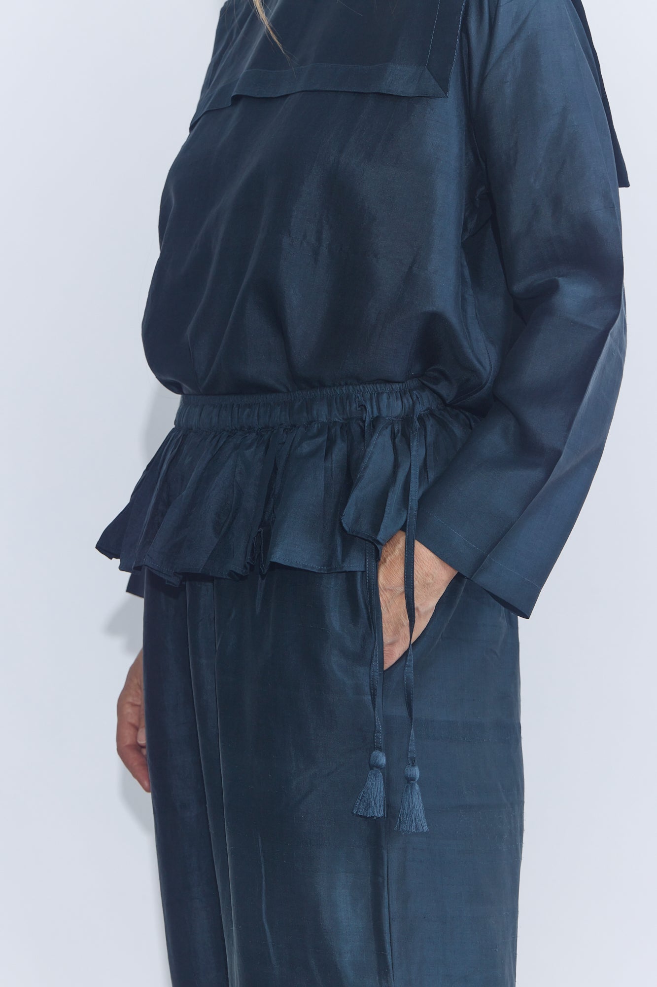 Back Button Sailor Blouse - Charcoal
