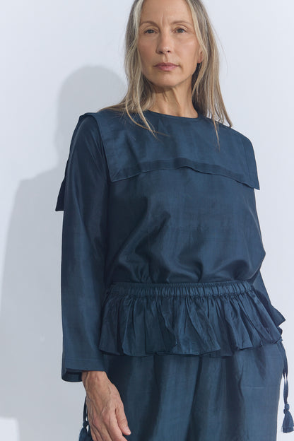 Back Button Sailor Blouse - Charcoal