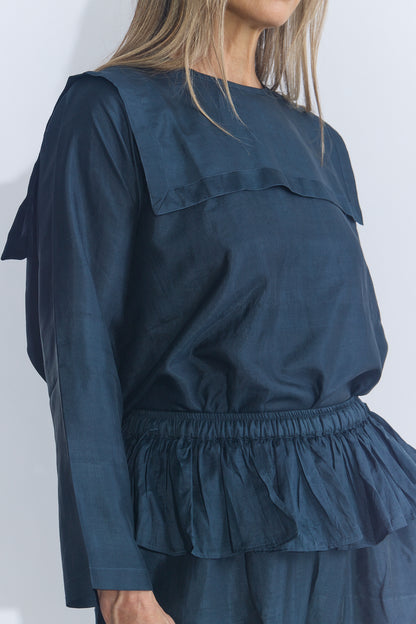 Back Button Sailor Blouse - Charcoal