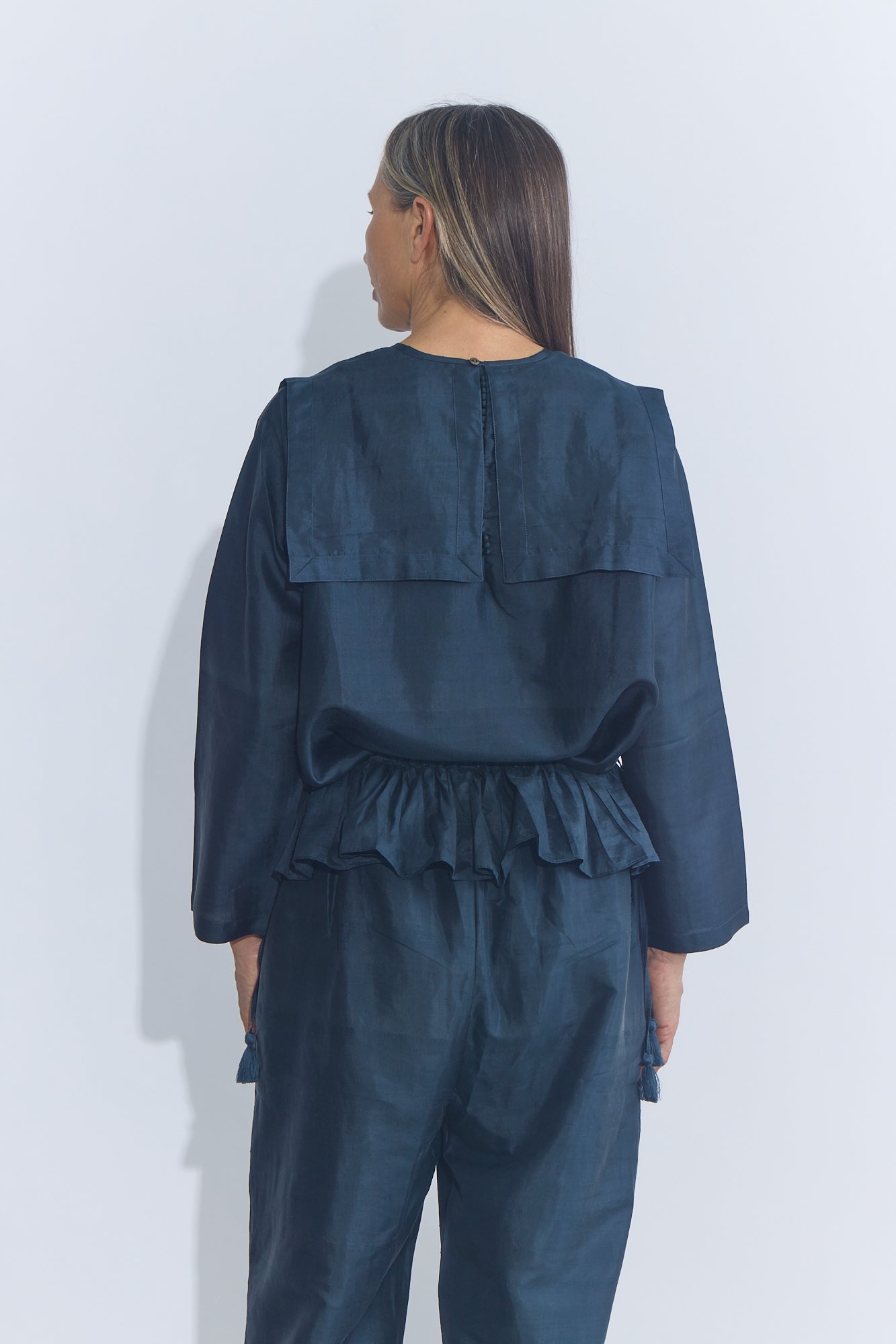 Back Button Sailor Blouse - Charcoal