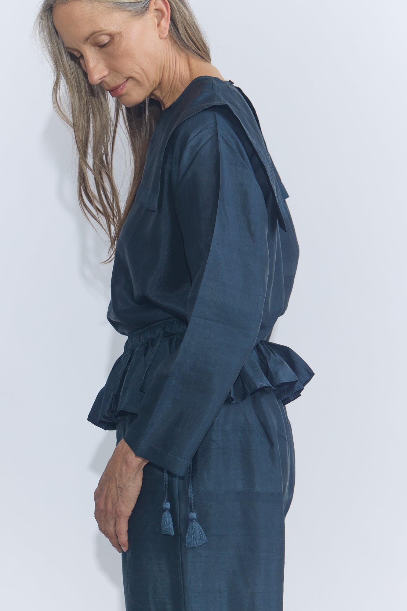 Back Button Sailor Blouse - Charcoal