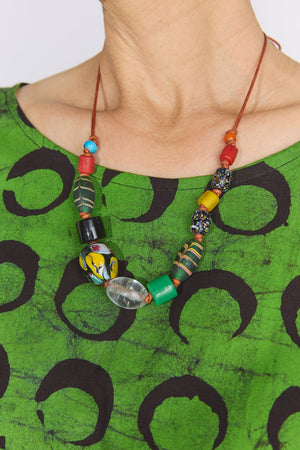 Multi-Beaded Necklace on 2mm Leather Cord - Greens