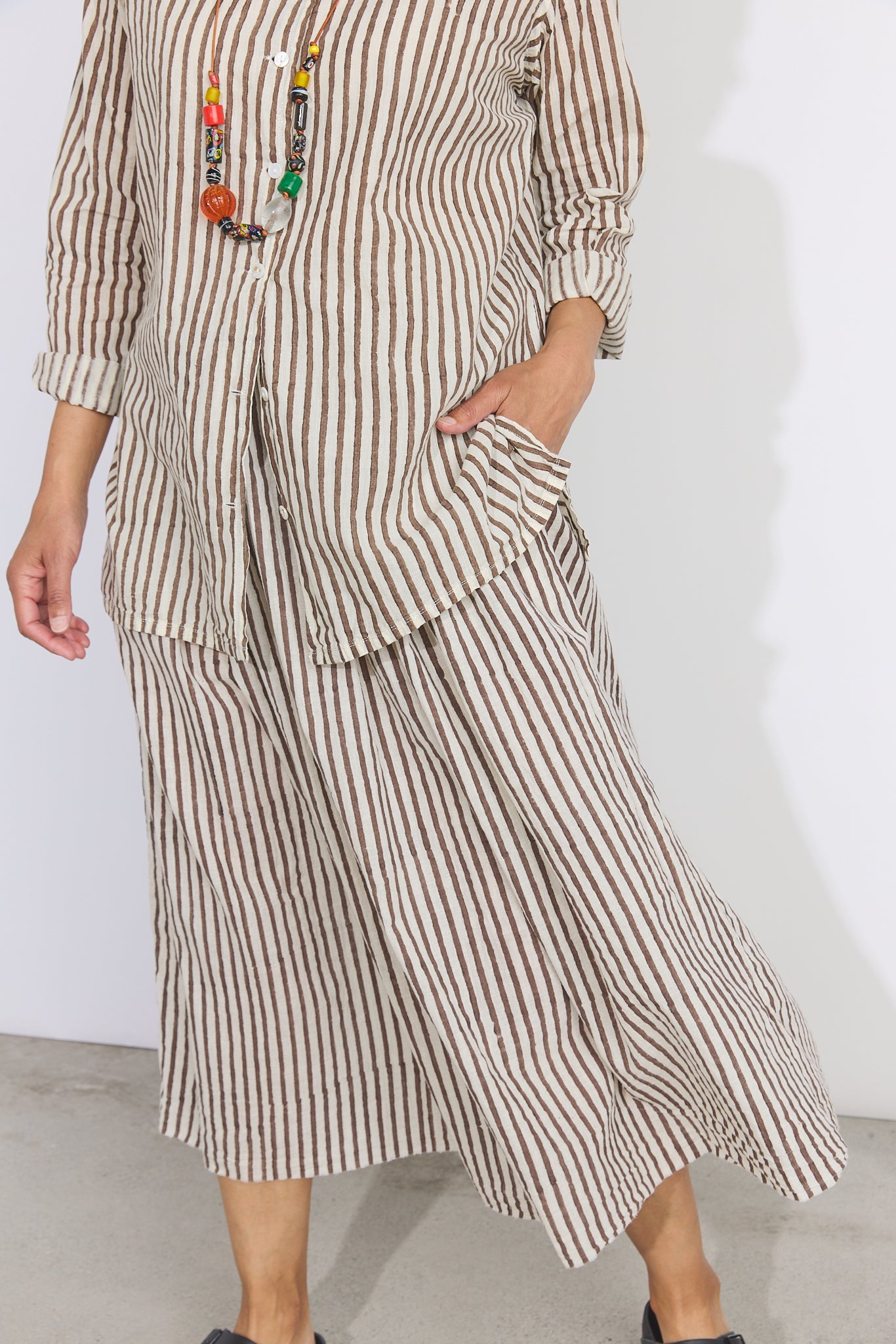 Khadi Cotton Drawstring Skirt - Brown Stripe