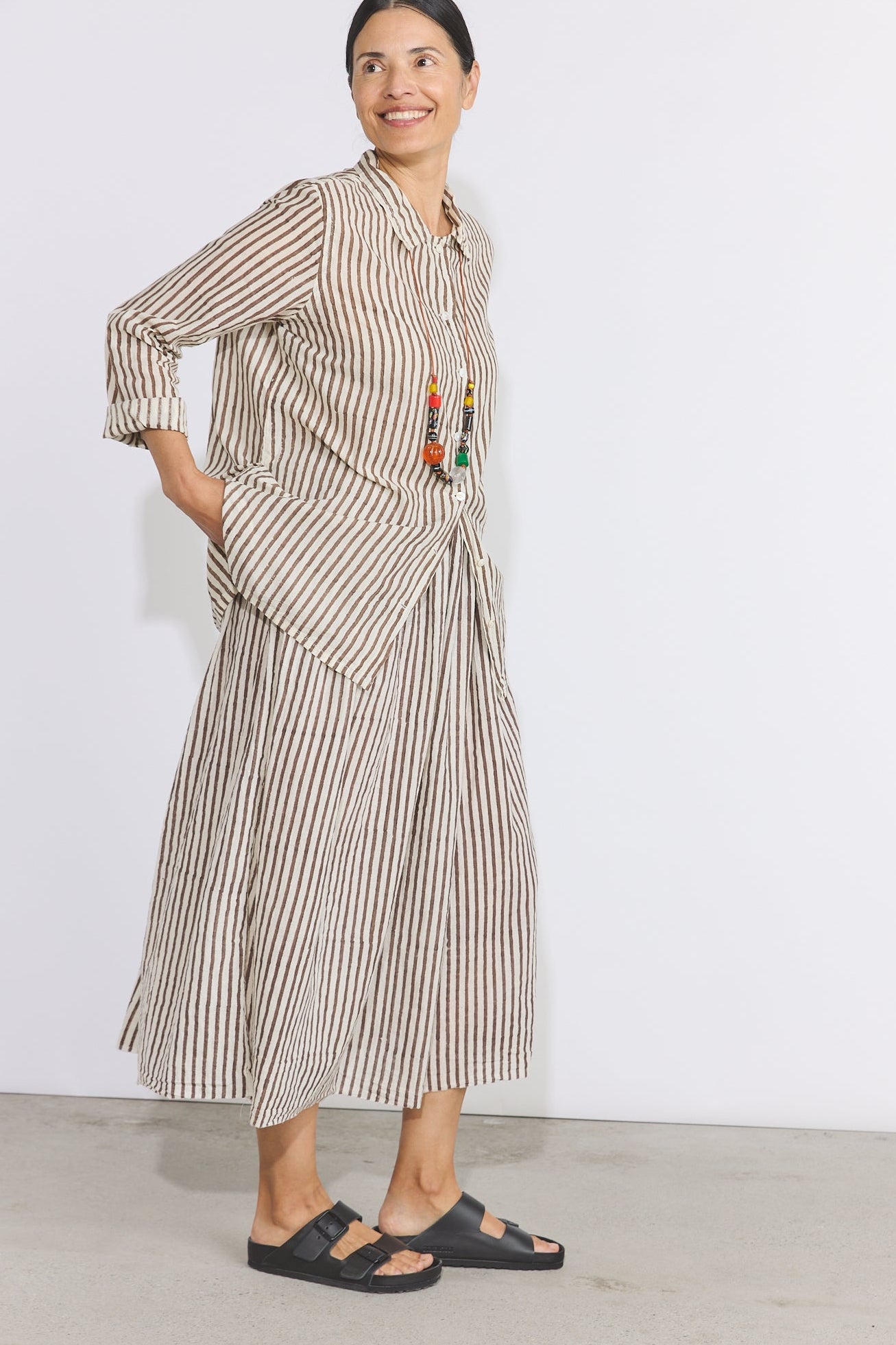 Khadi Cotton Drawstring Skirt - Brown Stripe