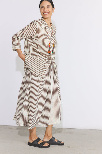 Khadi Cotton Drawstring Skirt - Brown Stripe
