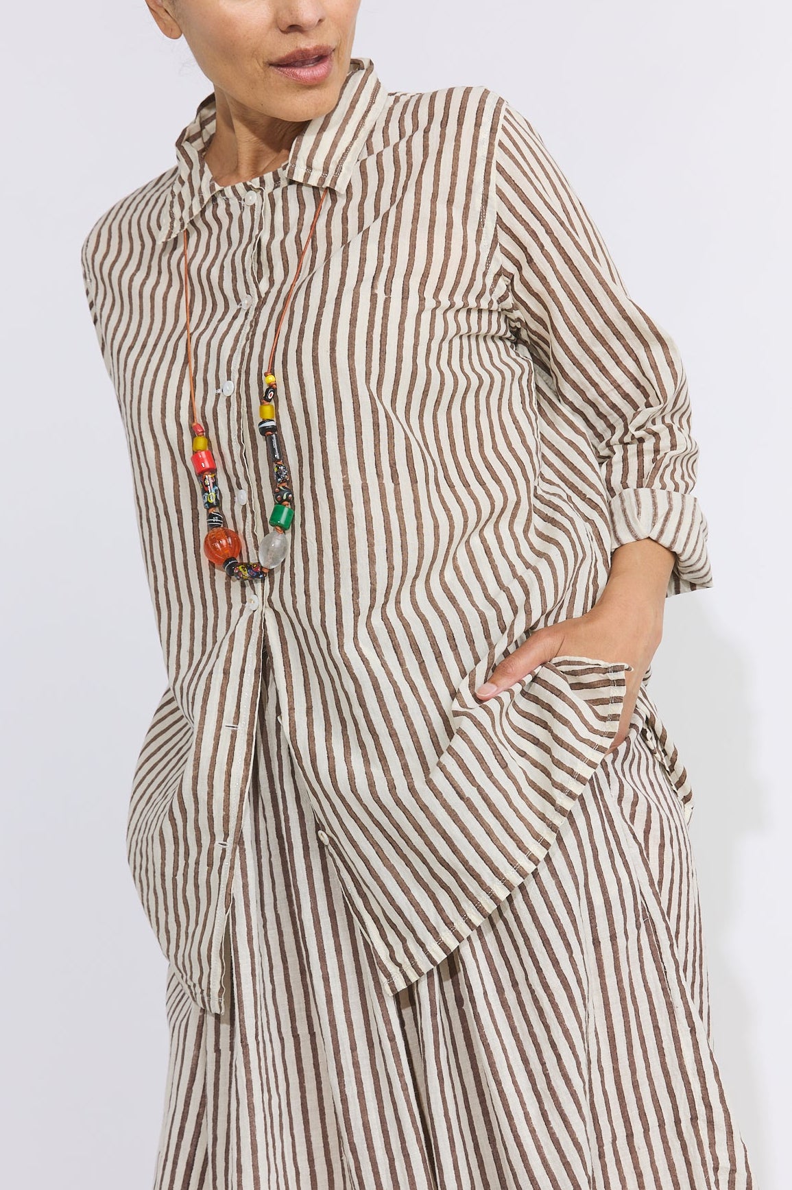 Khadi Cotton Button Up Shirt - Brown Stripe