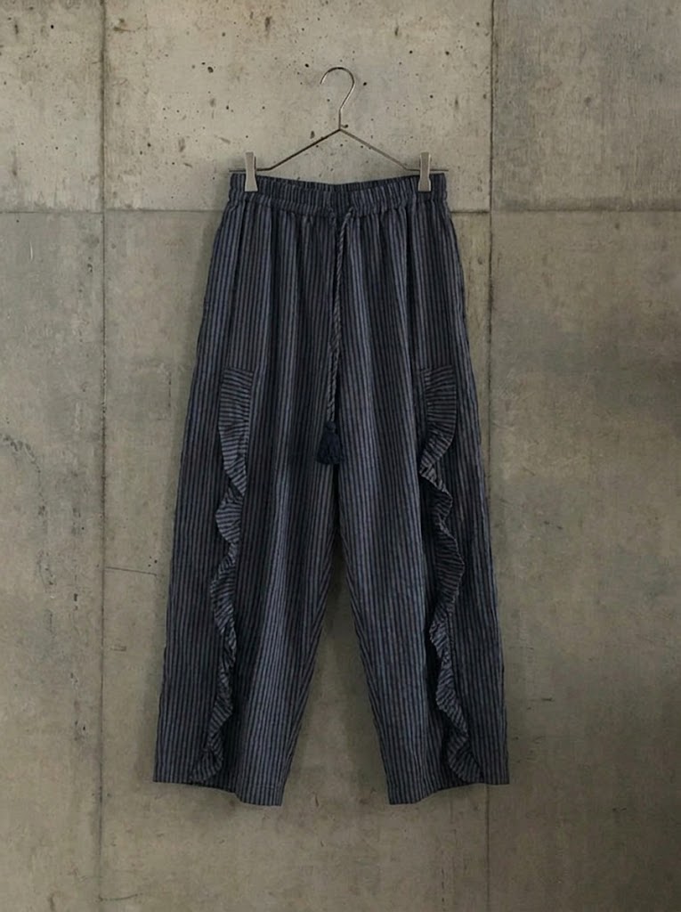 Linen Striped Ruffle Pants - Brown & Blue