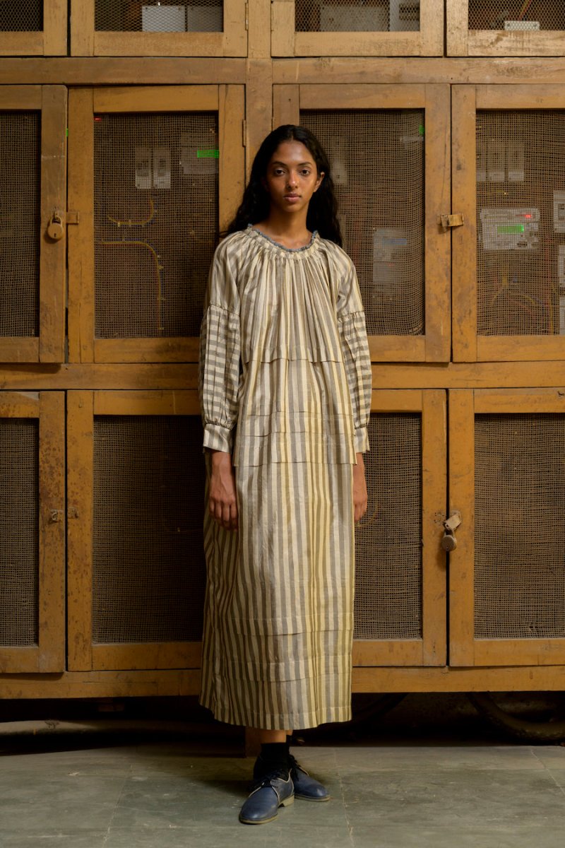 Alva Pleated Dress in Beige Stripe - Soochie - Runaway Bicycle