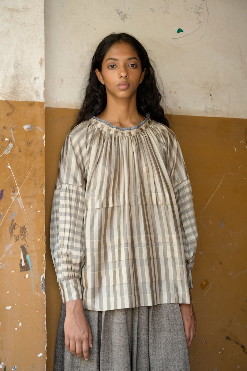 Astrid Pleated Blouse in Beige Stripes - Soochie - Runaway Bicycle