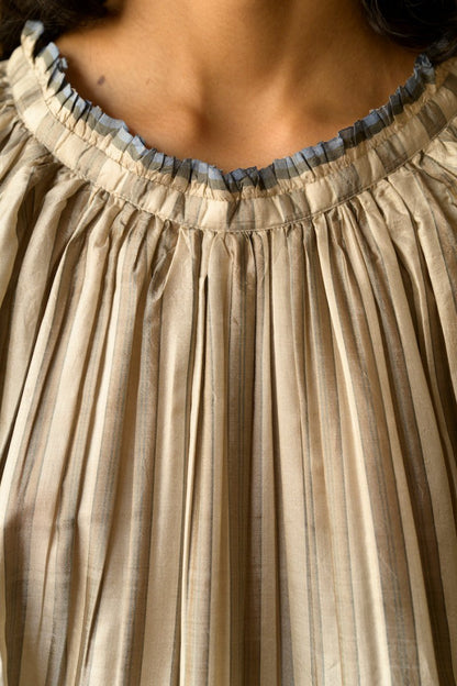 Astrid Pleated Blouse in Beige Stripes - Soochie - Runaway Bicycle