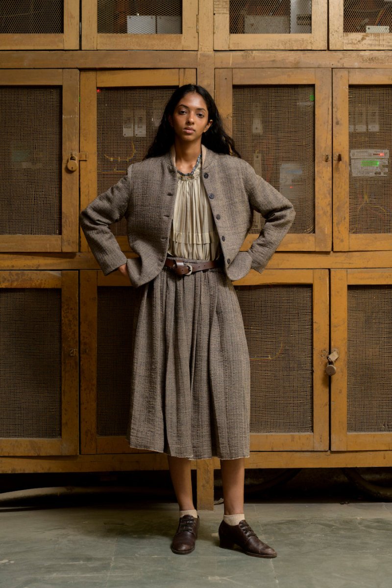 Ava Wool Pleated Skirt in Herringbone - Soochie - Runaway Bicycle