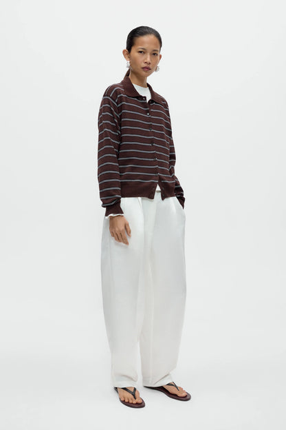 Organic Cotton Striped Polo Cardigan - Brown