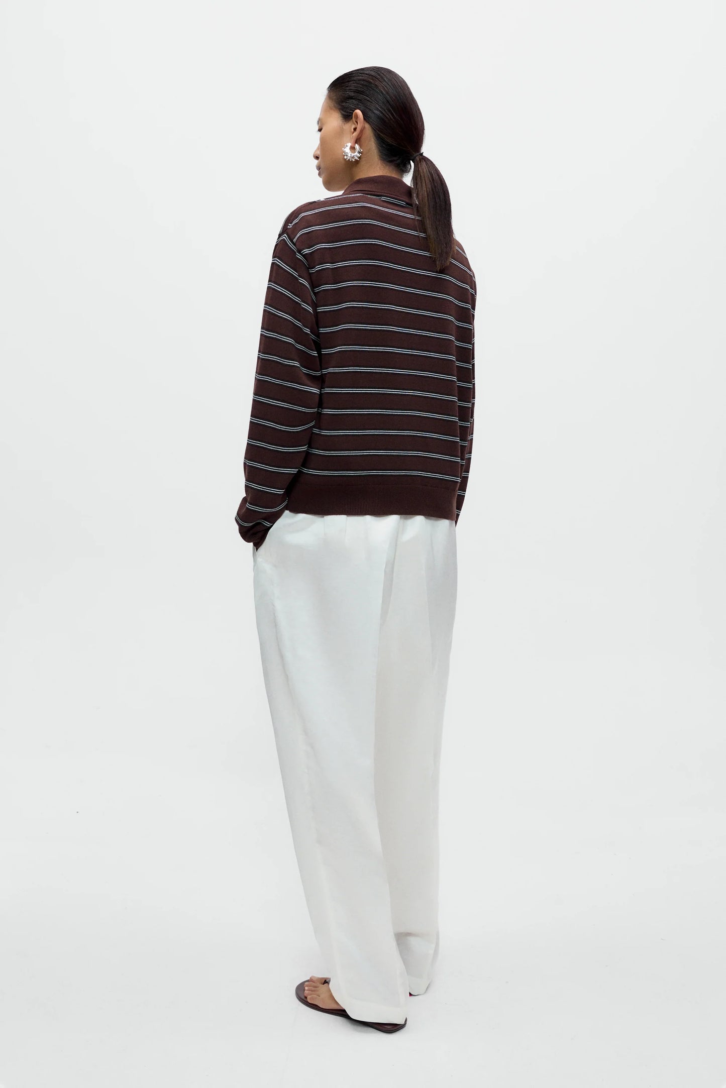 Organic Cotton Striped Polo Cardigan - Brown