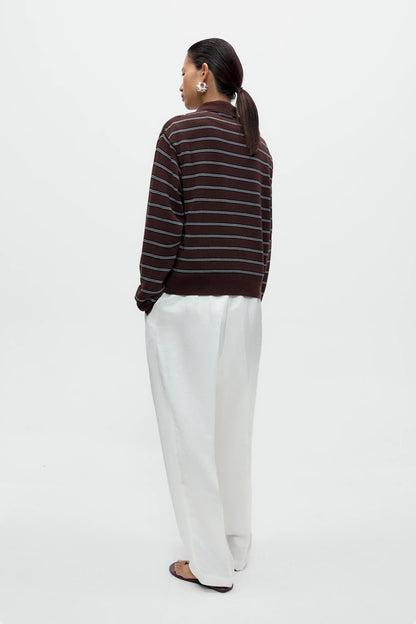 Organic Cotton Striped Polo Cardigan - Brown