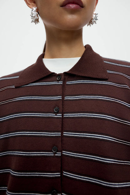 Organic Cotton Striped Polo Cardigan - Brown