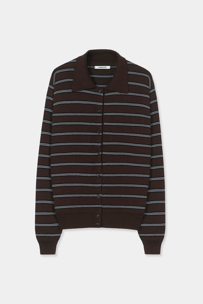 Organic Cotton Striped Polo Cardigan - Brown