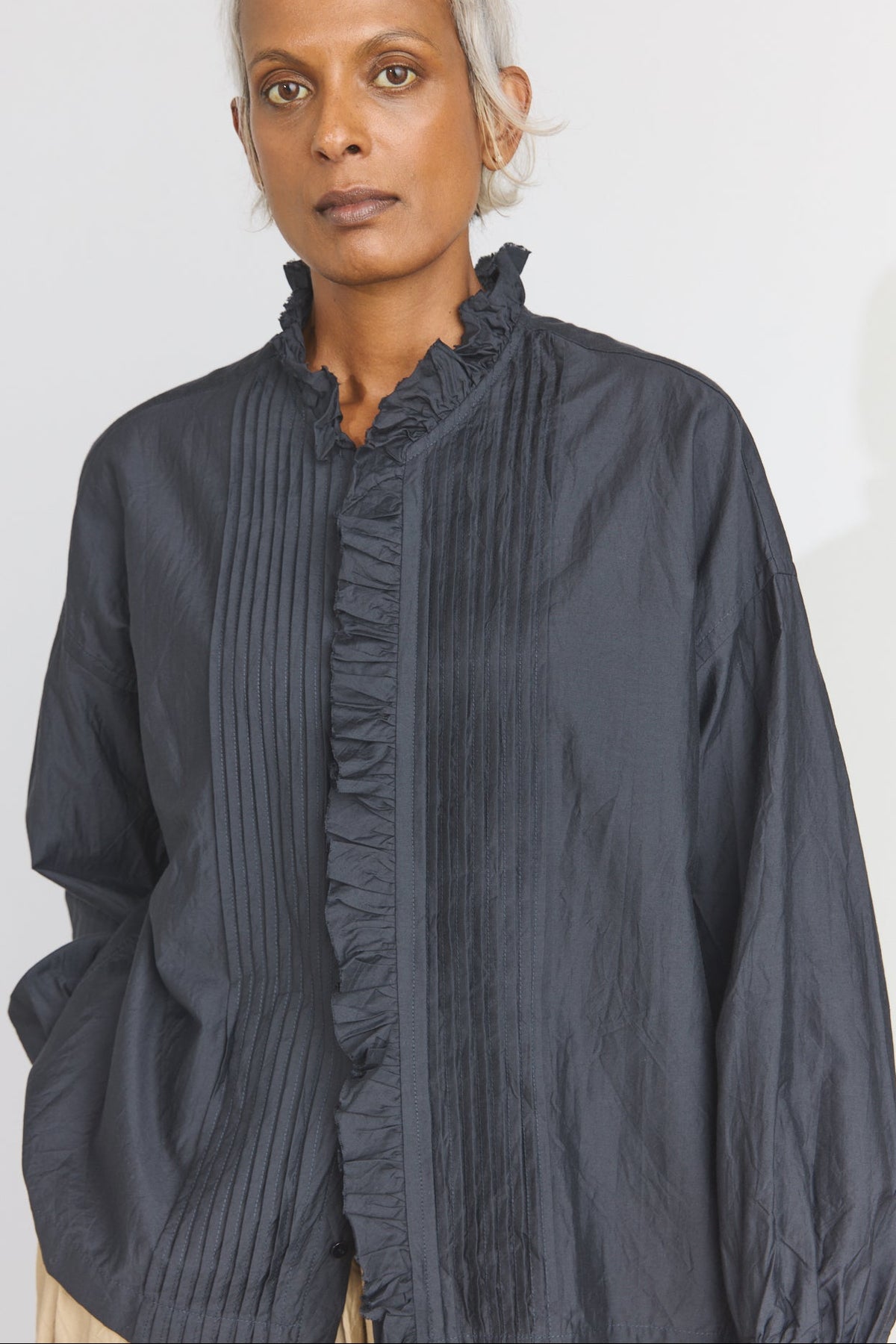 Cotton/Silk Pin Tuck Ruffle Shirt - Black Navy