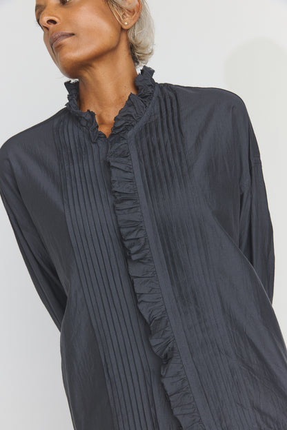 Cotton/Silk Pin Tuck Ruffle Shirt - Black Navy