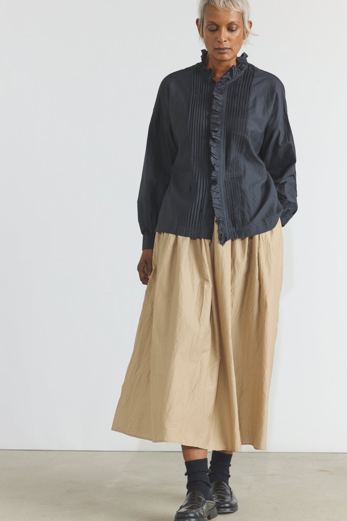 Cotton/Silk Pin Tuck Ruffle Shirt - Black Navy
