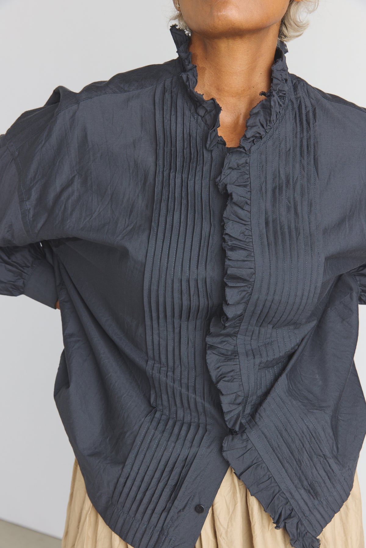 Cotton/Silk Pin Tuck Ruffle Shirt - Black Navy