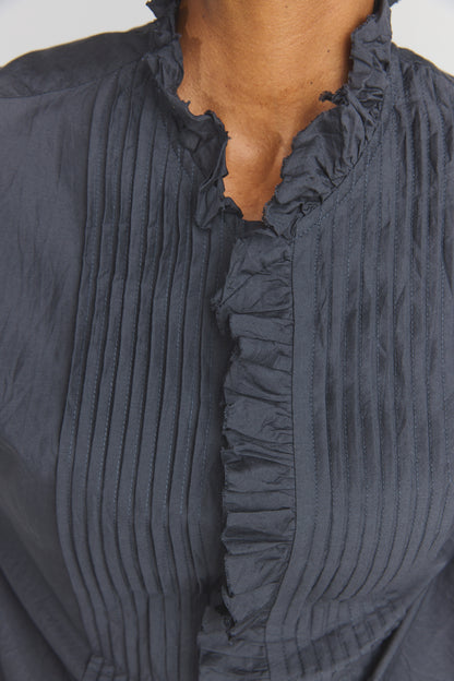Cotton/Silk Pin Tuck Ruffle Shirt - Black Navy