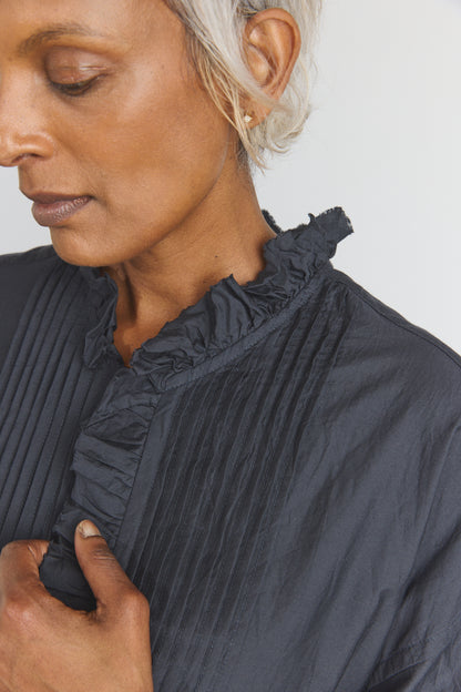 Cotton/Silk Pin Tuck Ruffle Shirt - Black Navy