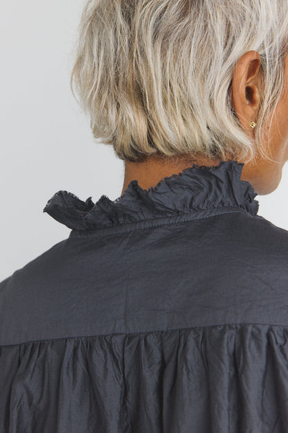 Cotton/Silk Pin Tuck Ruffle Shirt - Black Navy
