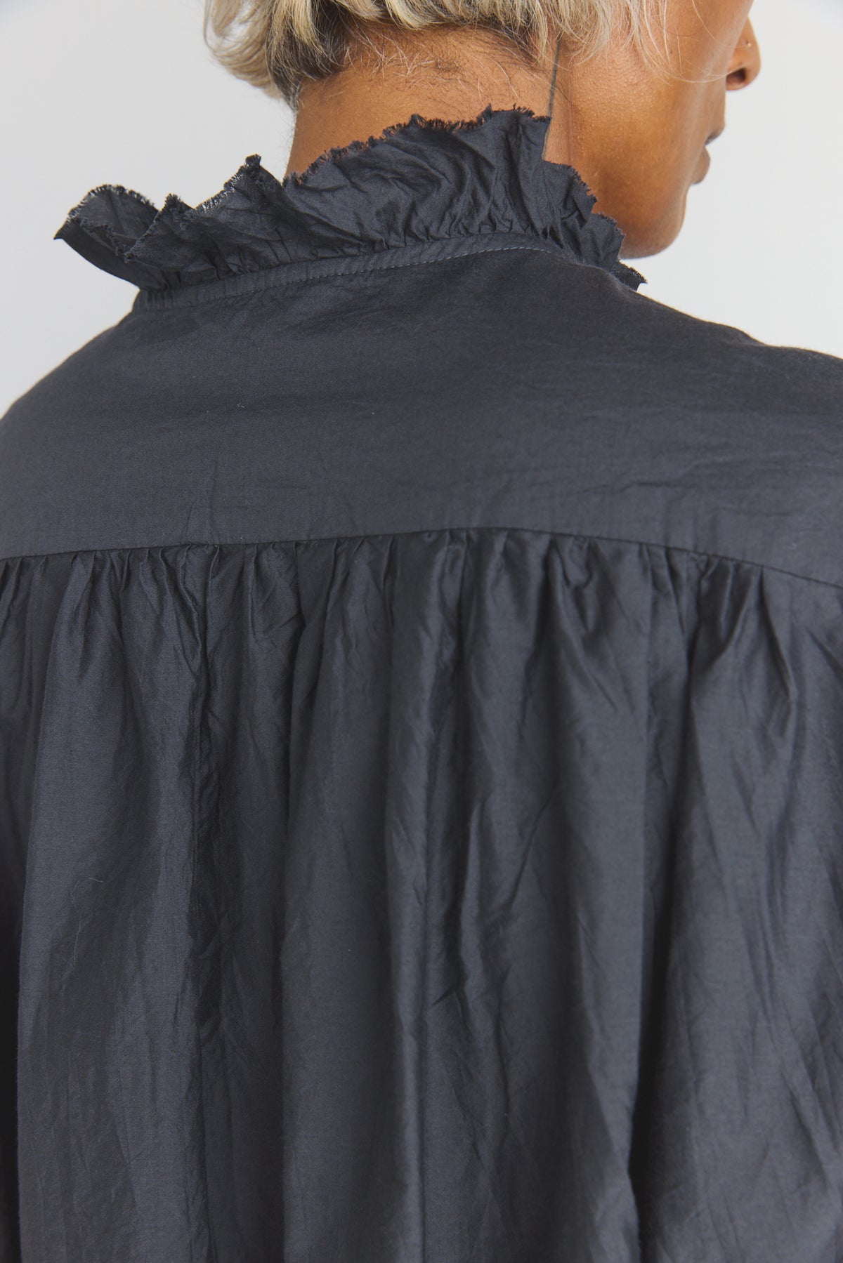 Cotton/Silk Pin Tuck Ruffle Shirt - Black Navy