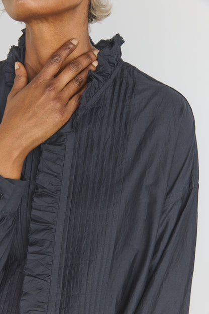Cotton/Silk Pin Tuck Ruffle Shirt - Black Navy