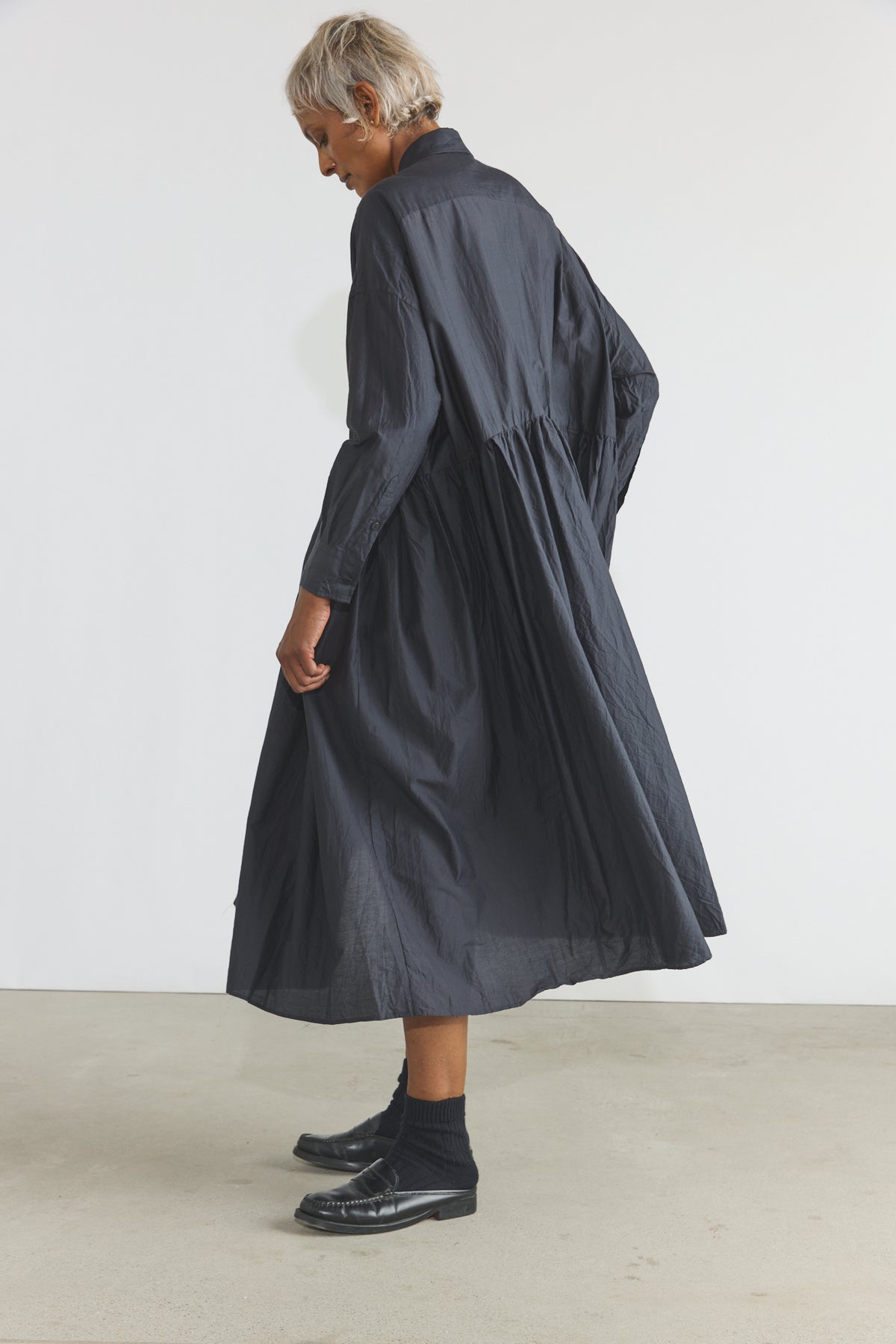 Cotton/Silk Random Pleated Baggy Shirt Dress - Black Navy