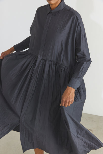 Cotton/Silk Random Pleated Baggy Shirt Dress - Black Navy