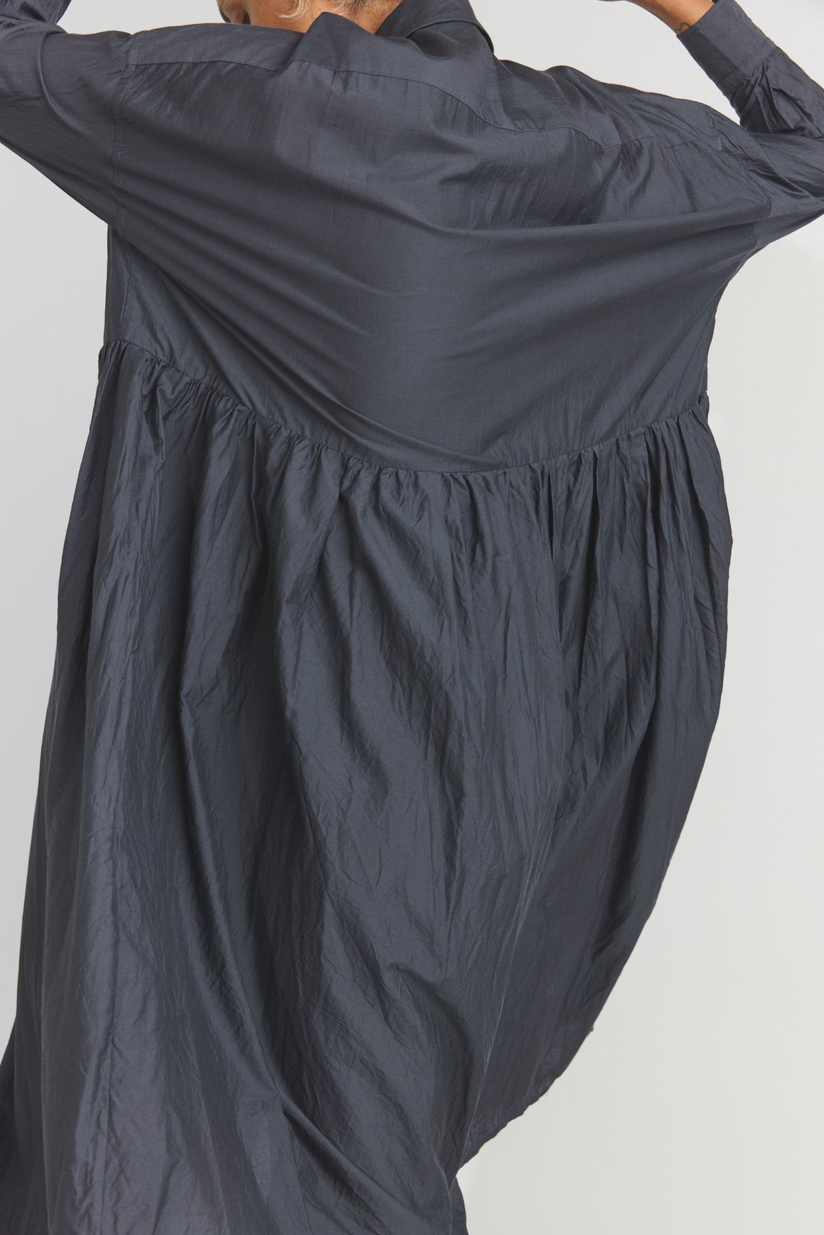 Cotton/Silk Random Pleated Baggy Shirt Dress - Black Navy