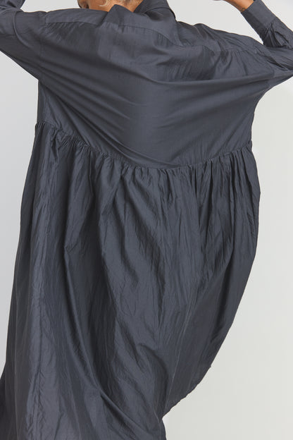 Cotton/Silk Random Pleated Baggy Shirt Dress - Black Navy
