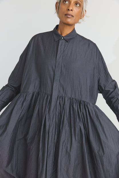 Cotton/Silk Random Pleated Baggy Shirt Dress - Black Navy