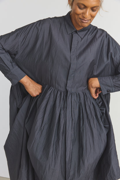 Cotton/Silk Random Pleated Baggy Shirt Dress - Black Navy