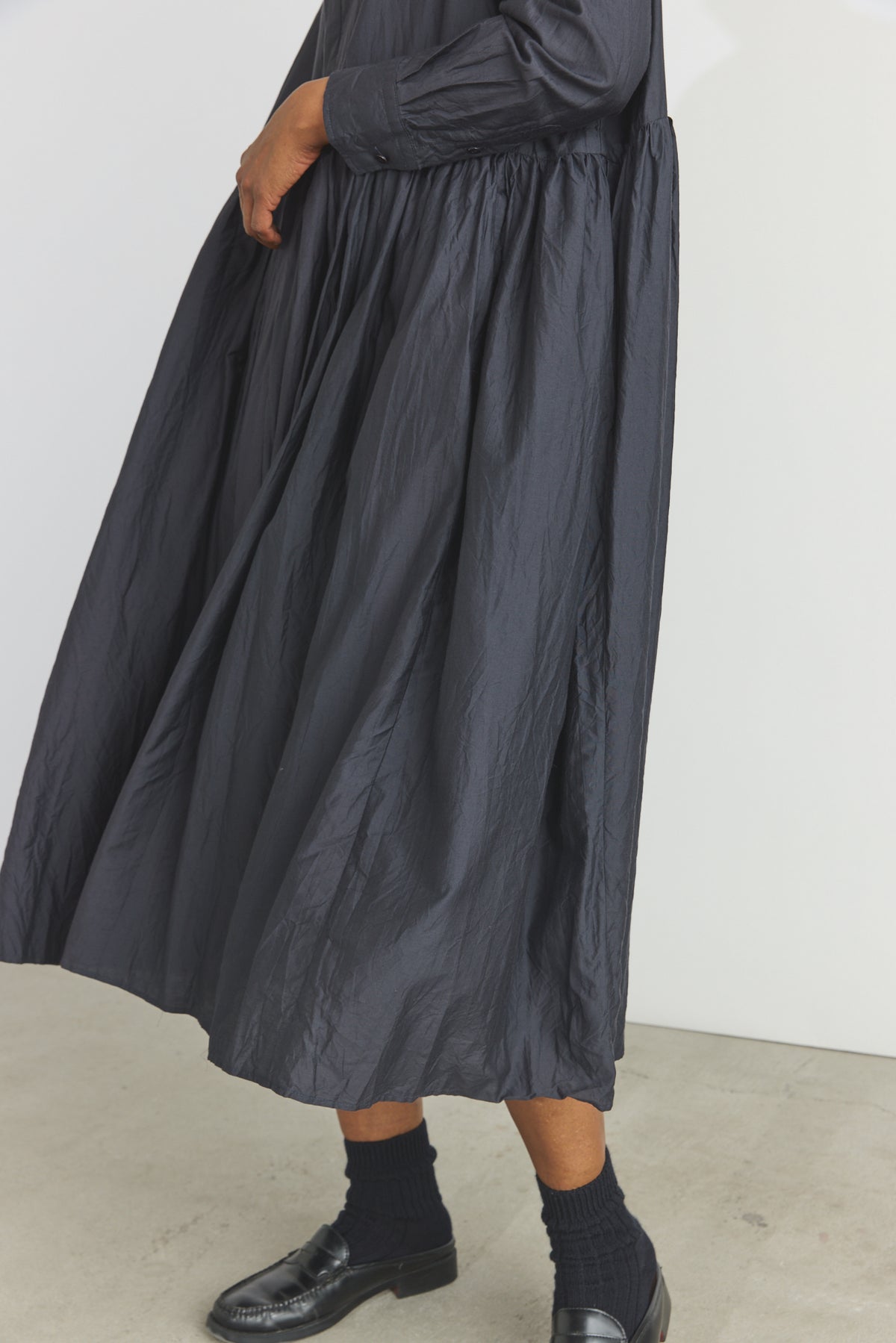 Cotton/Silk Random Pleated Baggy Shirt Dress - Black Navy