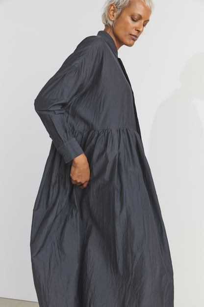Cotton/Silk Random Pleated Baggy Shirt Dress - Black Navy