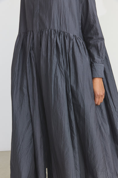 Cotton/Silk Random Pleated Baggy Shirt Dress - Black Navy