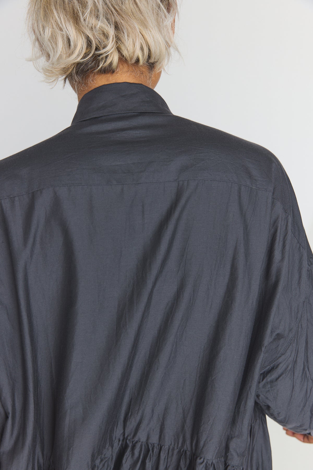 Cotton/Silk Random Pleated Baggy Shirt Dress - Black Navy