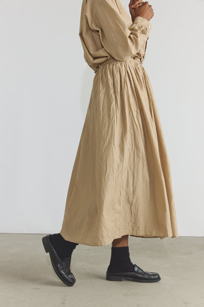 Cotton/Silk Random Pleated Maxi Skirt - Cappuccino