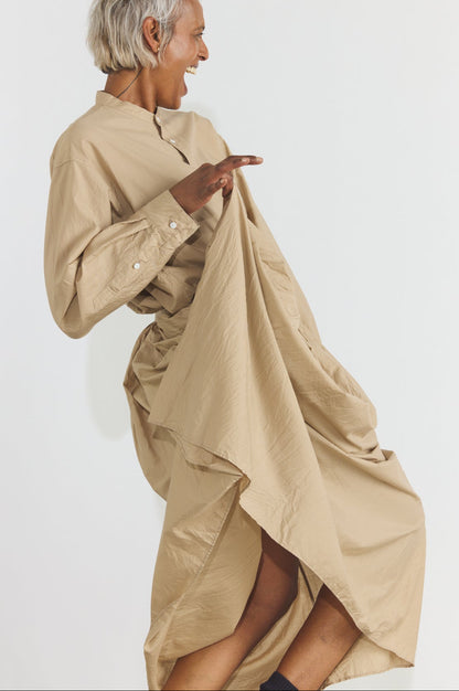 Cotton/Silk Random Pleated Maxi Skirt - Cappuccino
