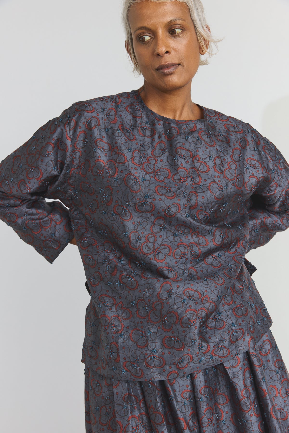 Embroidery Slit Blouse - Charcoal