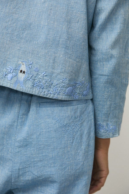 Handloom Indigo Denim "Eye Three Birds" Jacket - Soochie - Weedless