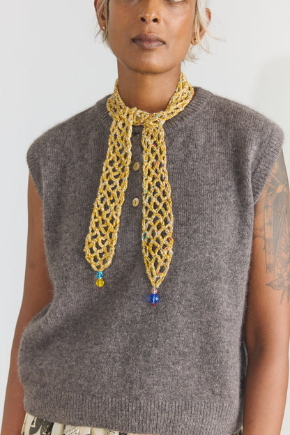 Hand Crochet Long Ties with Glass Beads - Yellow