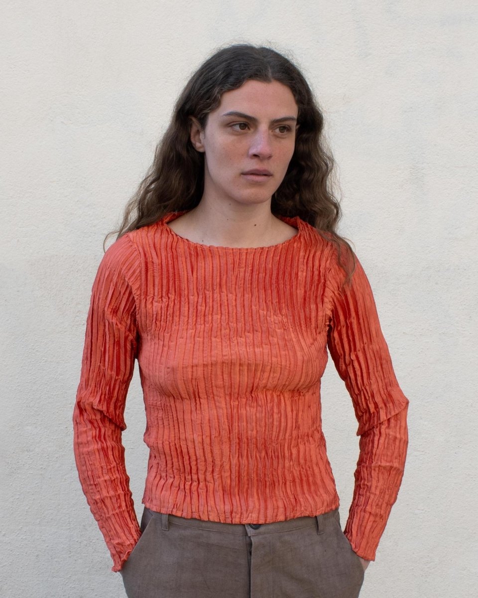 Plissé Satin Silk Sleeve Top - Soochie - Azur