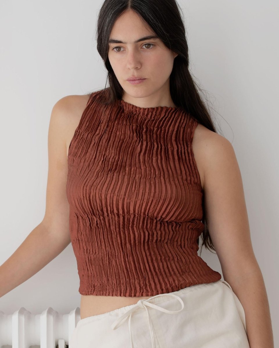 Plissé Satin Silk Tank Top - Soochie - Azur